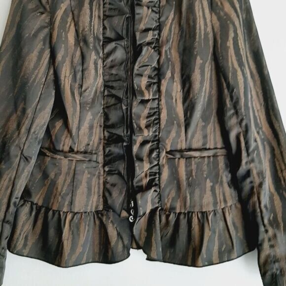 SAMUEL DONG Ruffle Front & Hem Zip-Up Front Blazer Black & Brown Abstract Sz XXS - Picture 3 of 16